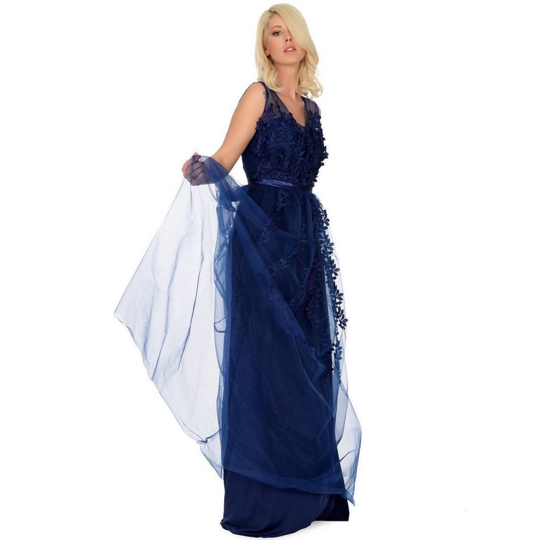 Long Navy Evening Dress with 3D Embroidery and Luxurious Tulle by Fame Istanbul
