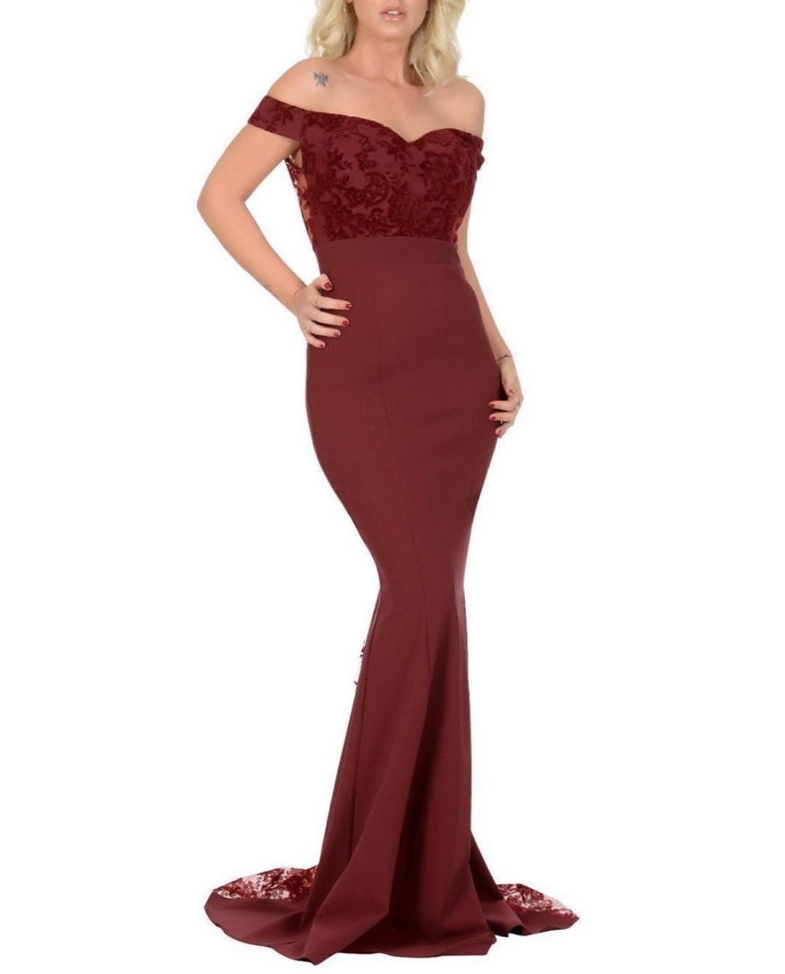 Off-shoulder Mermaid Evening Dress - Burgundy from Fame Istanbul 5