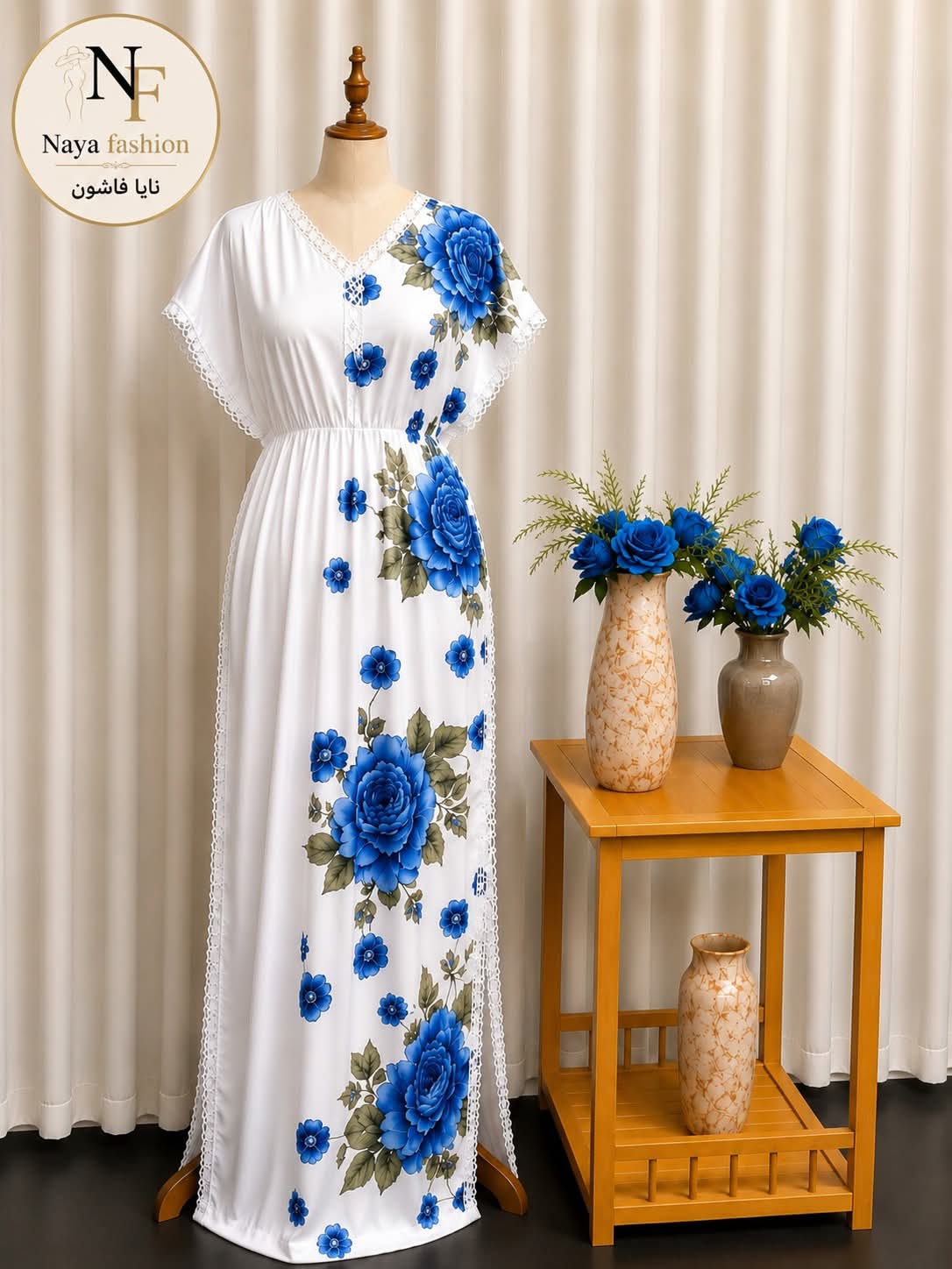 White Kaftan Dress with Blue Floral Print
