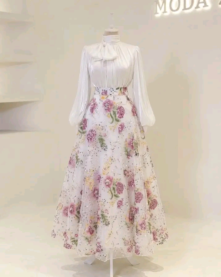 Elegant Beige Blouse and Floral Sequin Embroidered Skirt Set