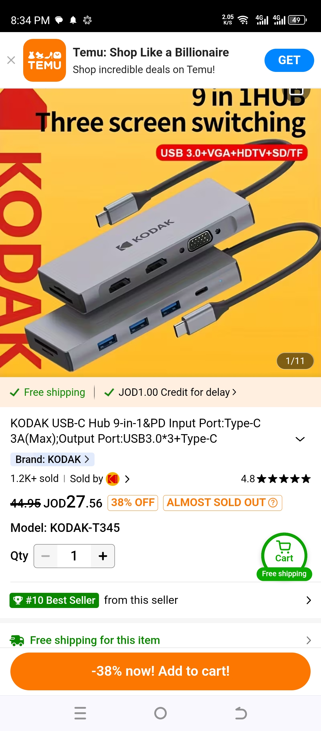 KODAK USB-C Hub 9-in-1 & PD Input Port:Type-C 3A(Max);Output Port:USB3.0*3+Type-C 2