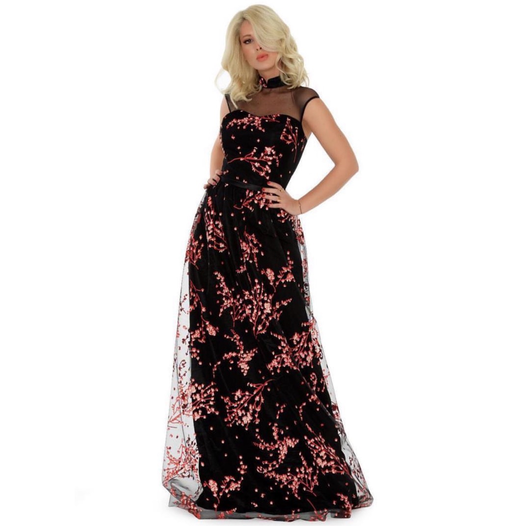 Black embroidered evening dress with pink floral pattern from Fame Istanbul