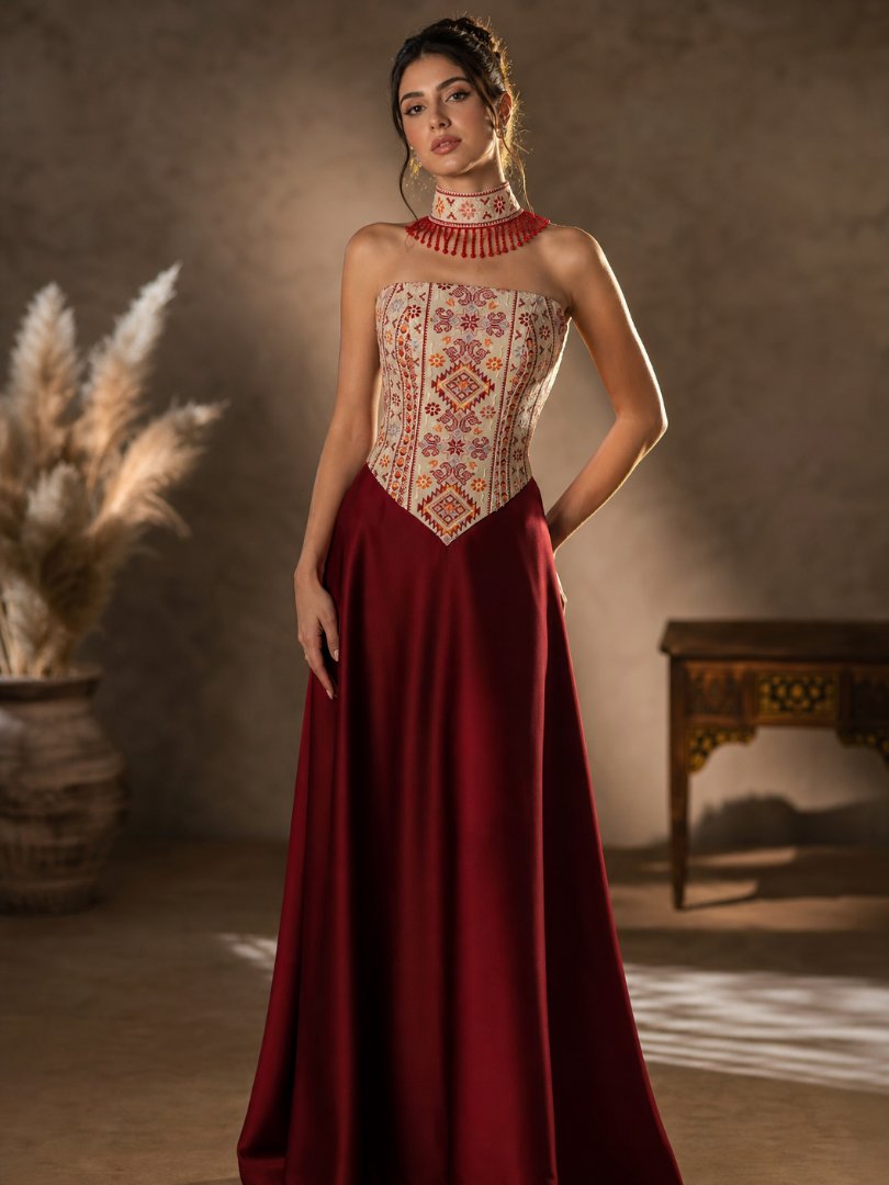 Embroidered Bodice Gown with Choker