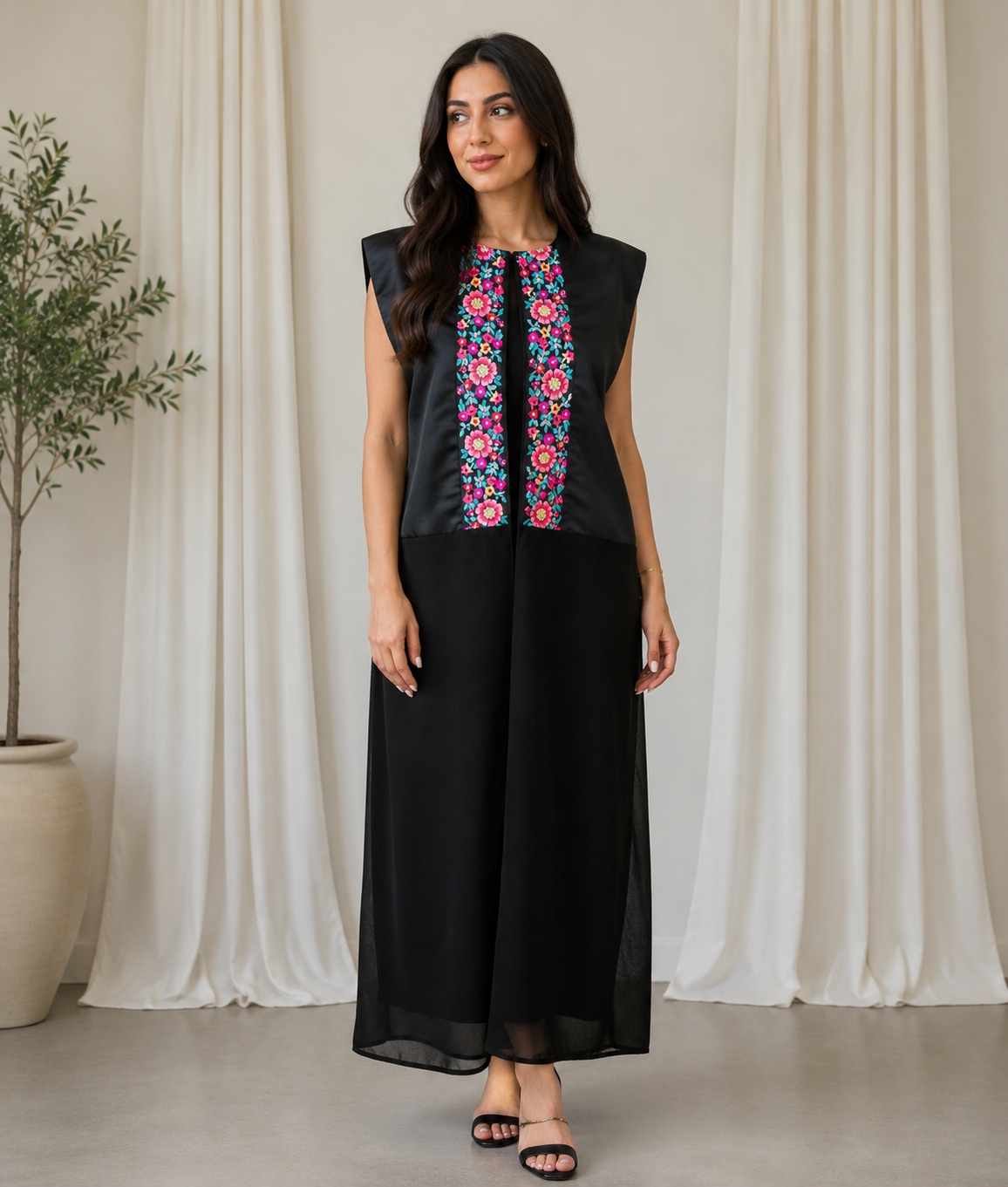 Black Abaya with Colorful Floral Embroidery