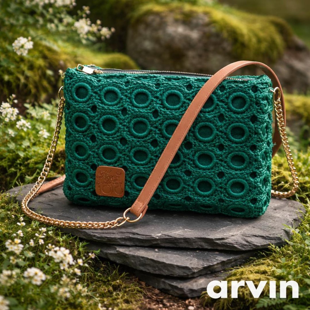 Green Crocheted Handbag with Gold Chain Strap