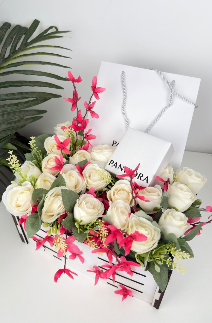 White Roses and Pink Flowers Arrangement with Pandora Gift