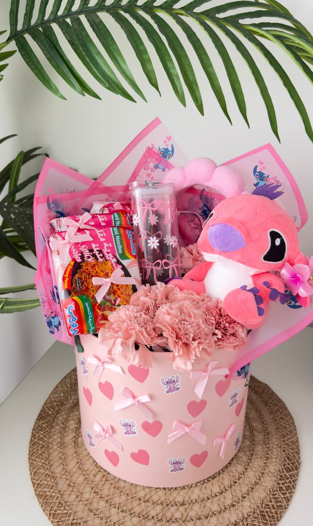 Pink Gift Box with Plush Toy, Candy, and Flowers