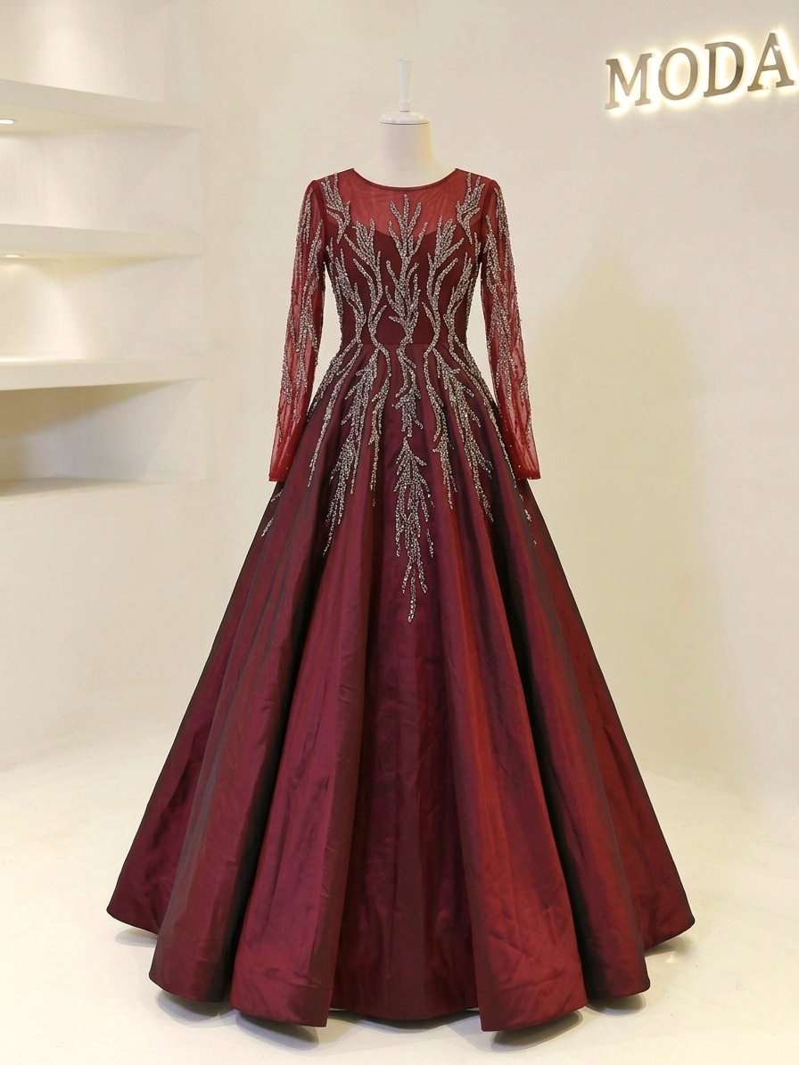 Elegant Burgundy Evening Dress Adorned with Beads