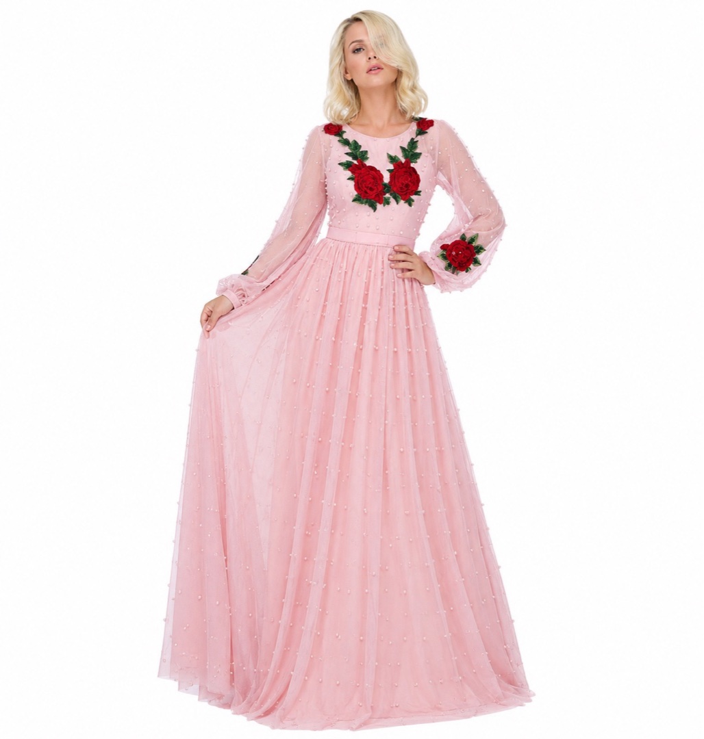 Long pink evening dress with floral and pearl embroidery by Fame Istanbul 2