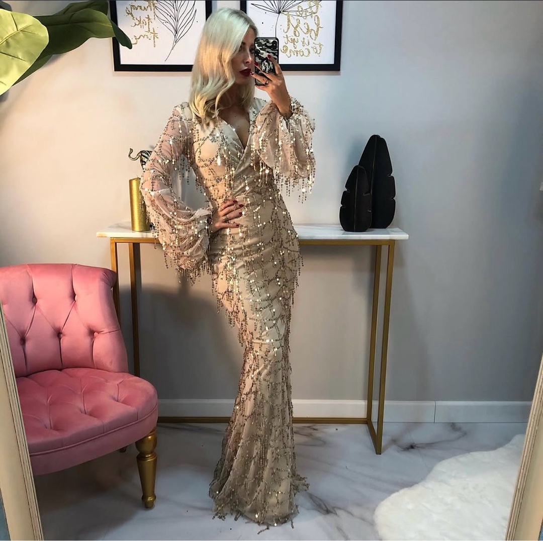 Fame Istanbul Mermaid Evening Dress Embroidered with Golden Sequins – Champagne by