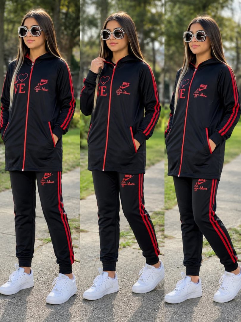 Women's Black Tracksuit with Red Stripes