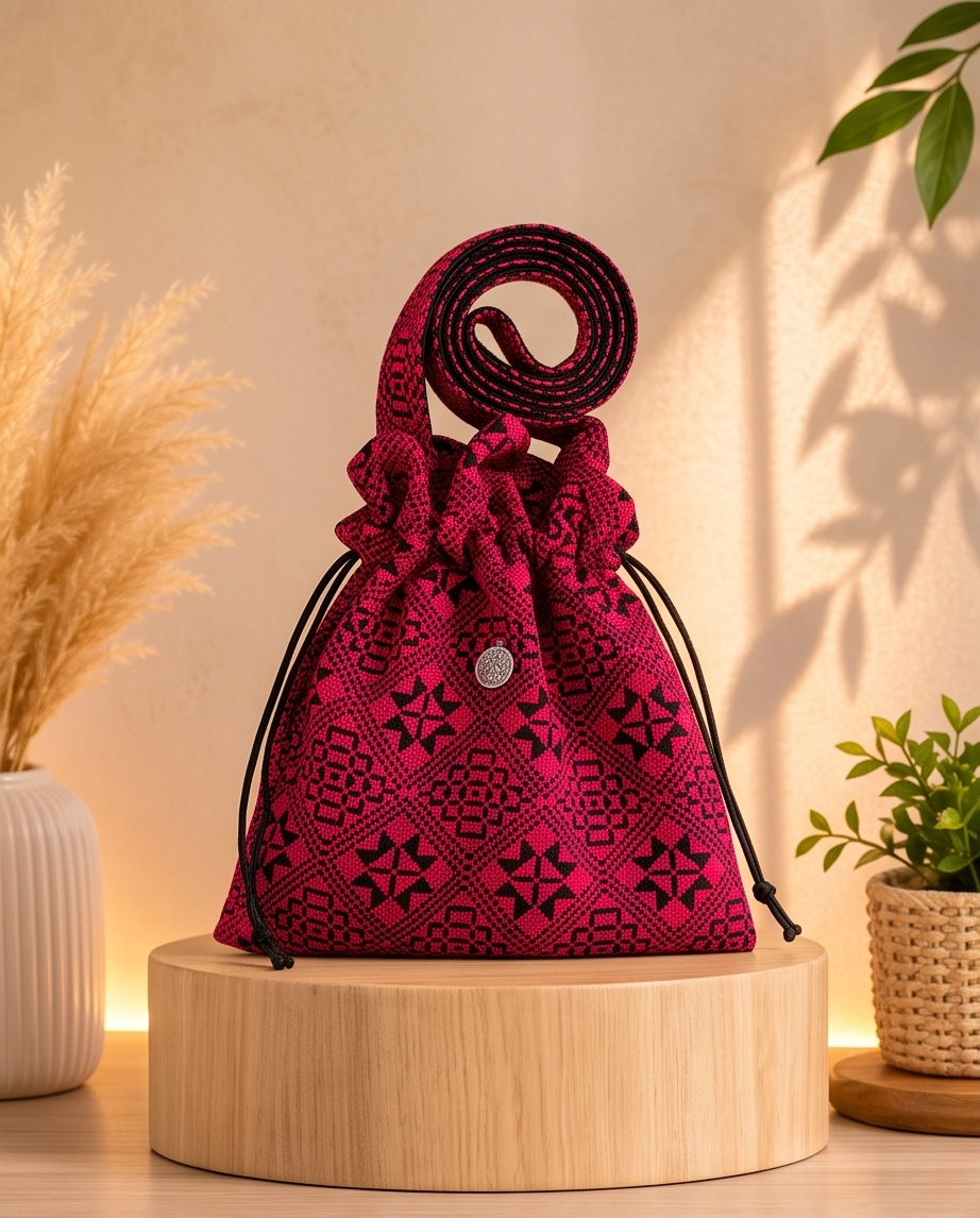 Handmade Drawstring Handbag with Celtic Knot Charm
