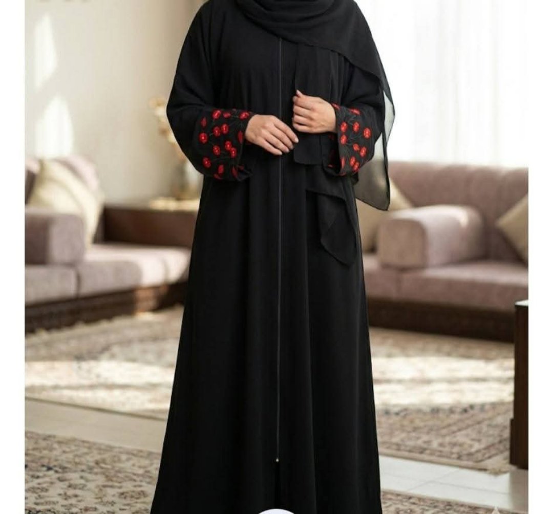 Embroidered Abaya with Red Floral Design 2