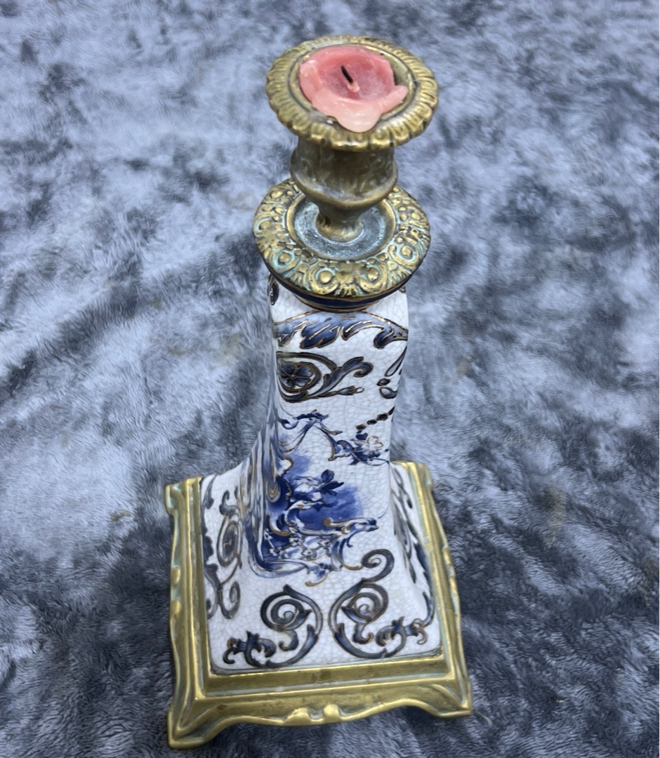 Vintage Brass and Ceramic Candlestick Holder