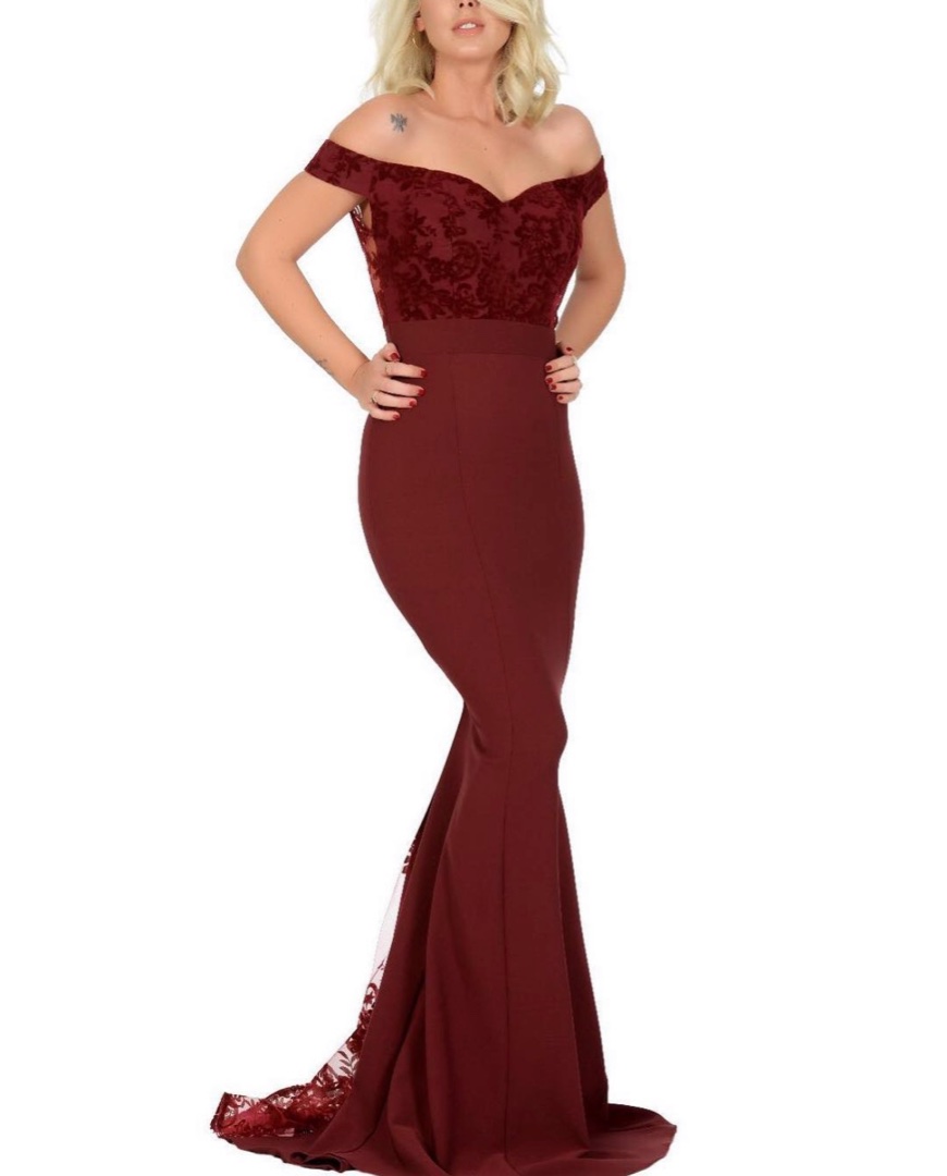 Off-shoulder Mermaid Evening Dress - Burgundy from Fame Istanbul 4