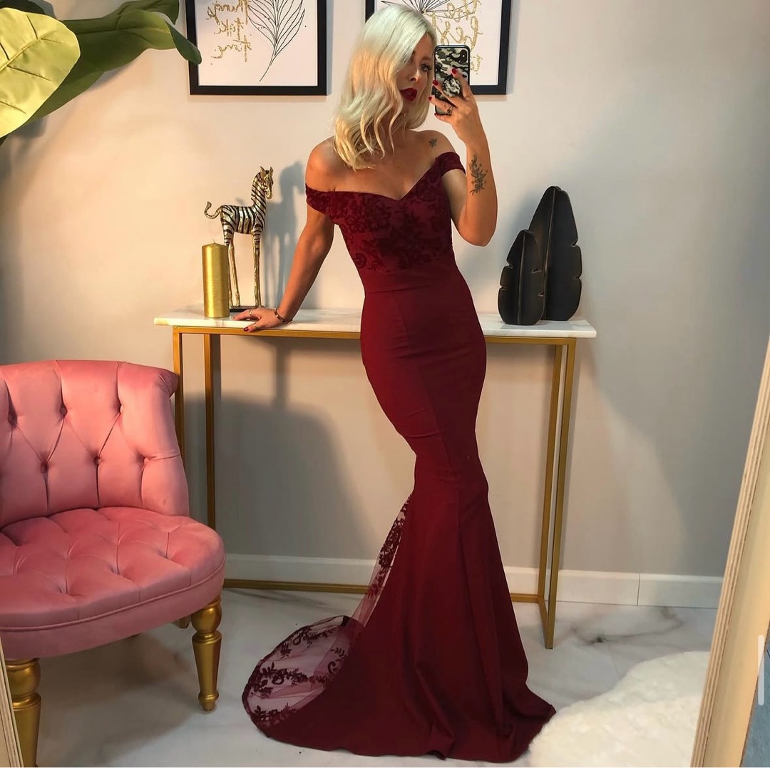 Off-shoulder Mermaid Evening Dress - Burgundy from Fame Istanbul