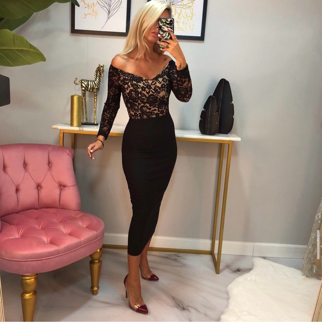 Fame Istanbul Black Lace Long Sleeve Midi Evening Dress