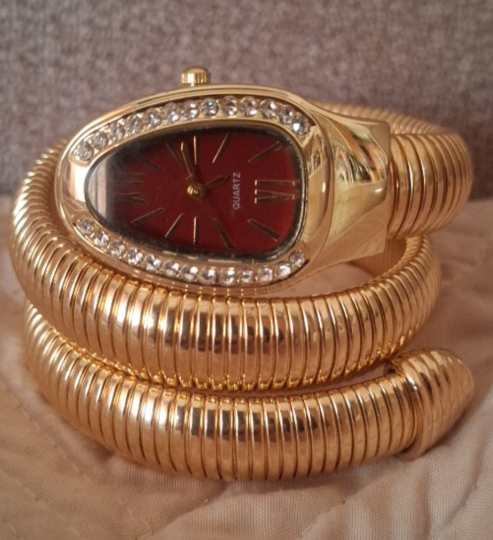 Gold Tone Snake Coil Watch with Rhinestones