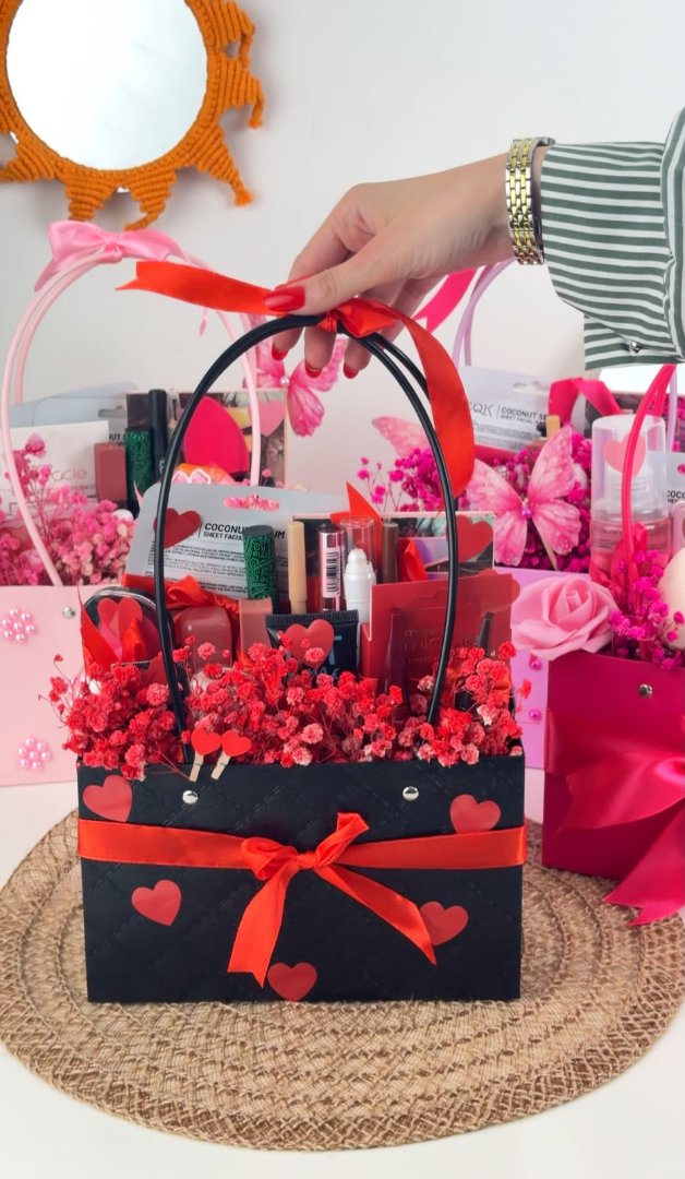 Valentine's Day Gift Basket with Red Flowers and Beauty Products