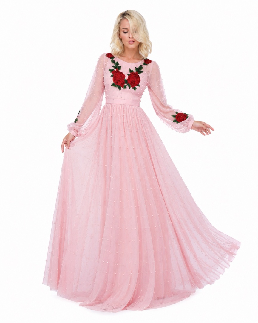 Long pink evening dress with floral and pearl embroidery by Fame Istanbul