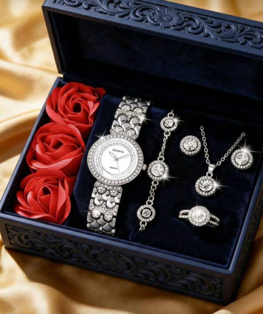 Women's Watch and Jewelry Set with Red Roses