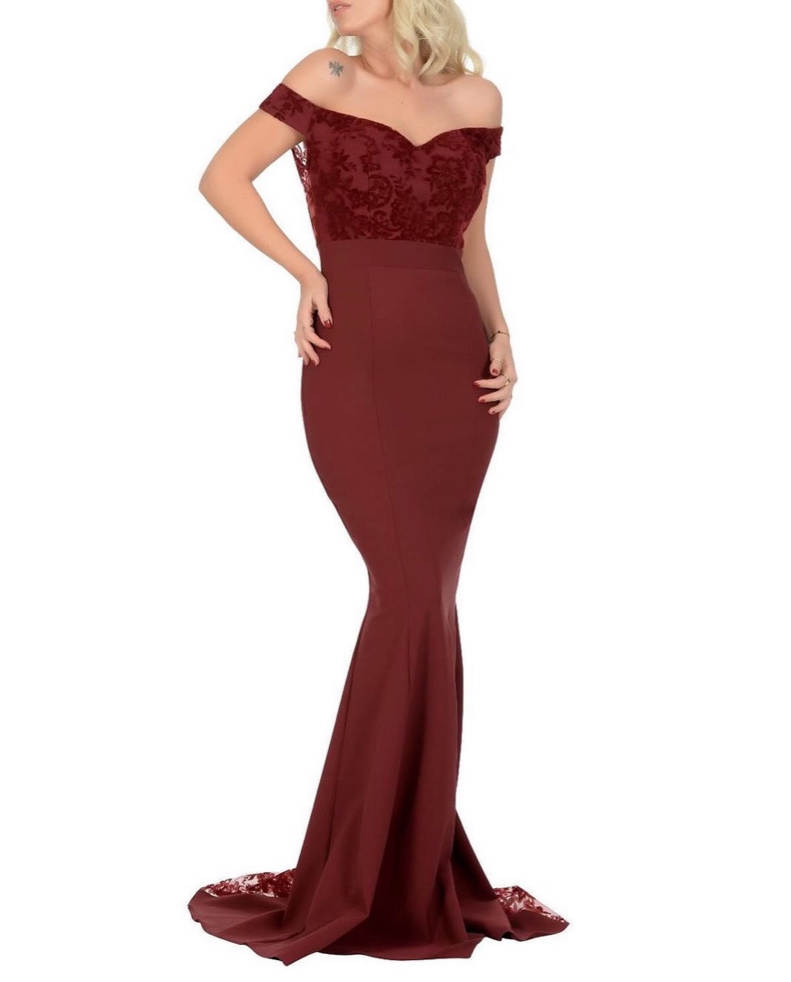 Off-shoulder Mermaid Evening Dress - Burgundy from Fame Istanbul 3