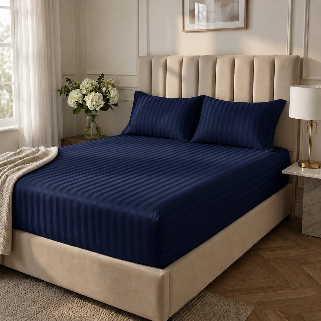 Navy Blue Striped Fitted Sheet Set