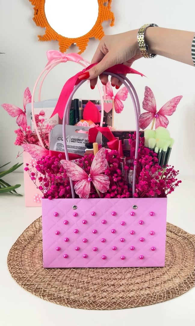 Pink Gift Bag with Flowers and Butterflies