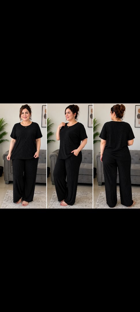Women's Black Short Sleeve Top and Wide Leg Pants Set