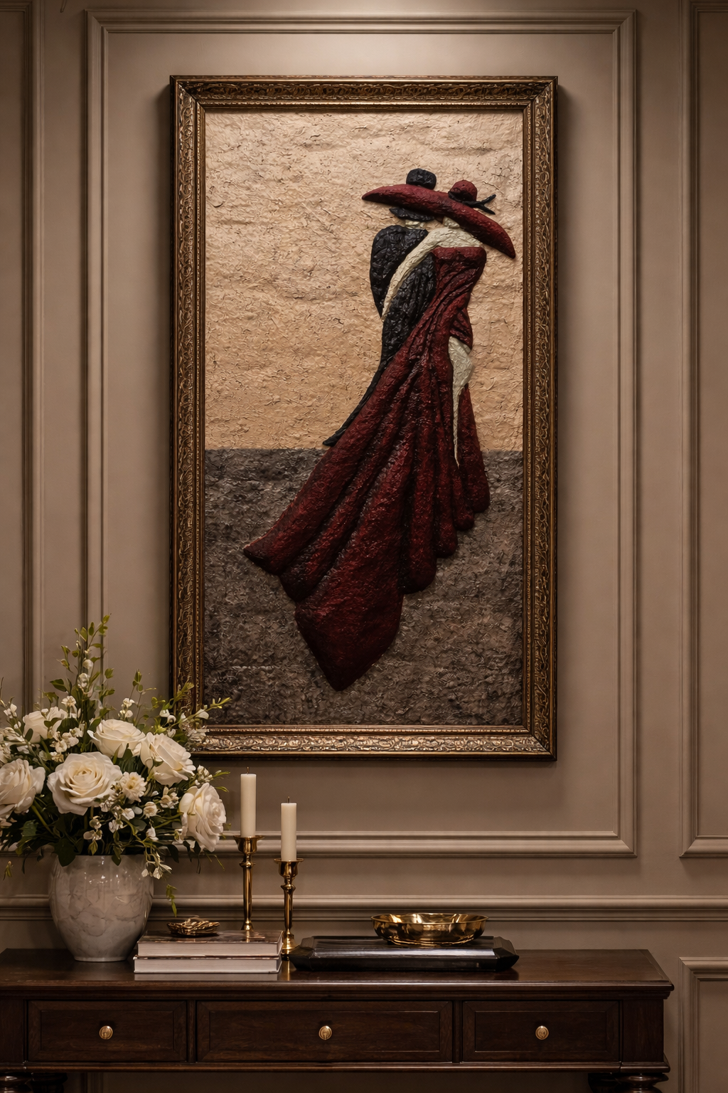 Couple's Paper Mache Painting with Gold Frame