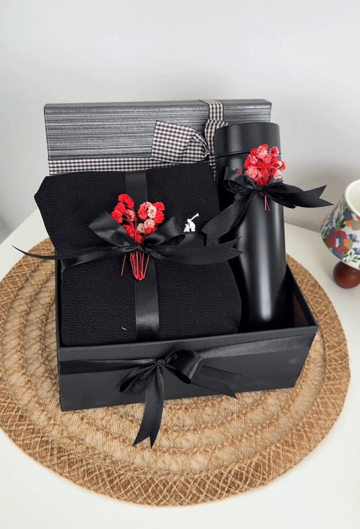 Gift Box with Black Scarf and Thermos